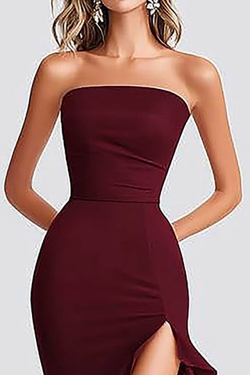 Sirène bordeaux Robe de cérémonie bustier à volants fendue